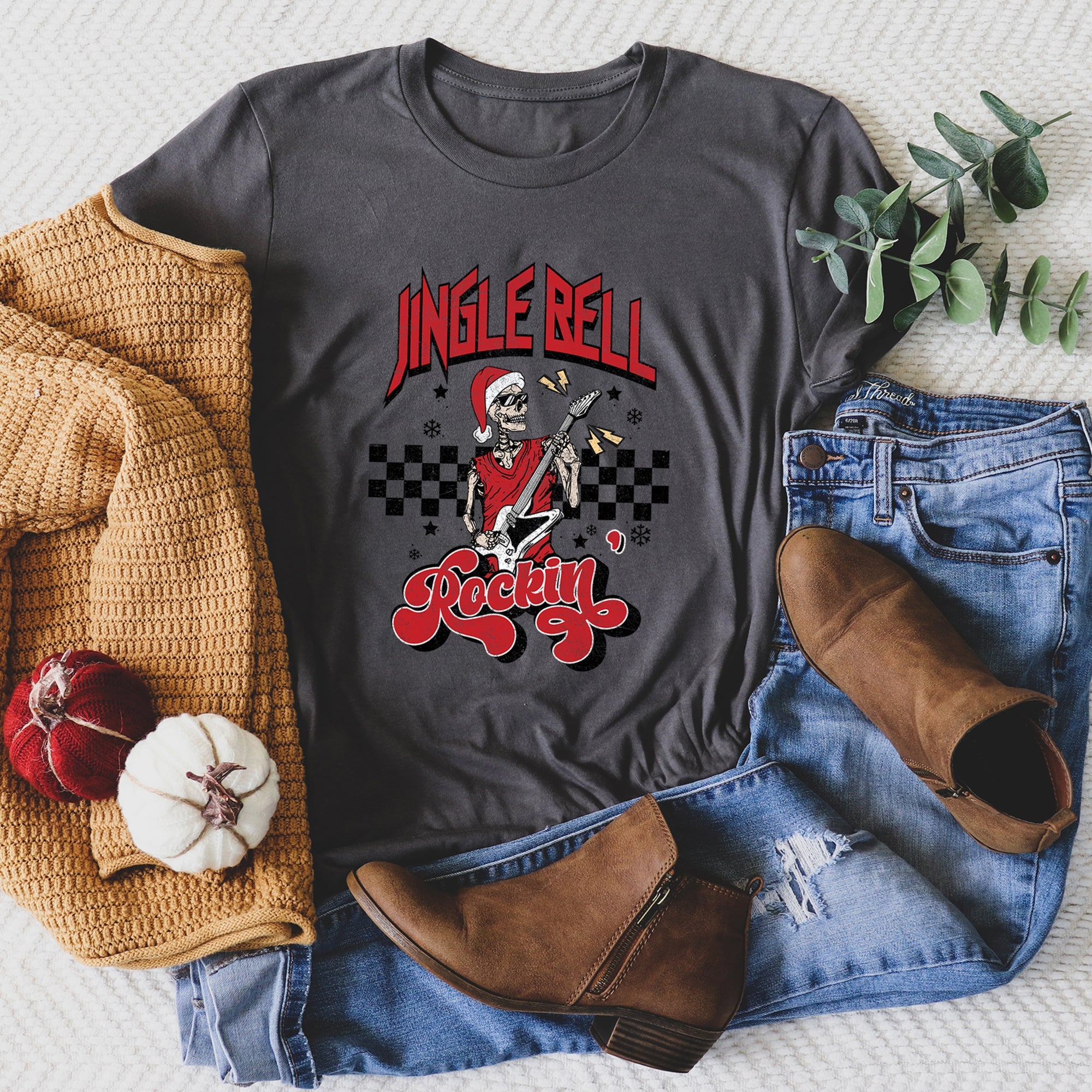 Jingle Bell Rocking Skeleton In Retro Rock Music Vibe Holiday Edition Graphic Tee