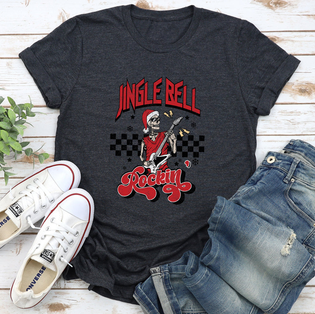 Jingle Bell Rocking Skeleton In Retro Rock Music Vibe Holiday Edition Graphic Tee