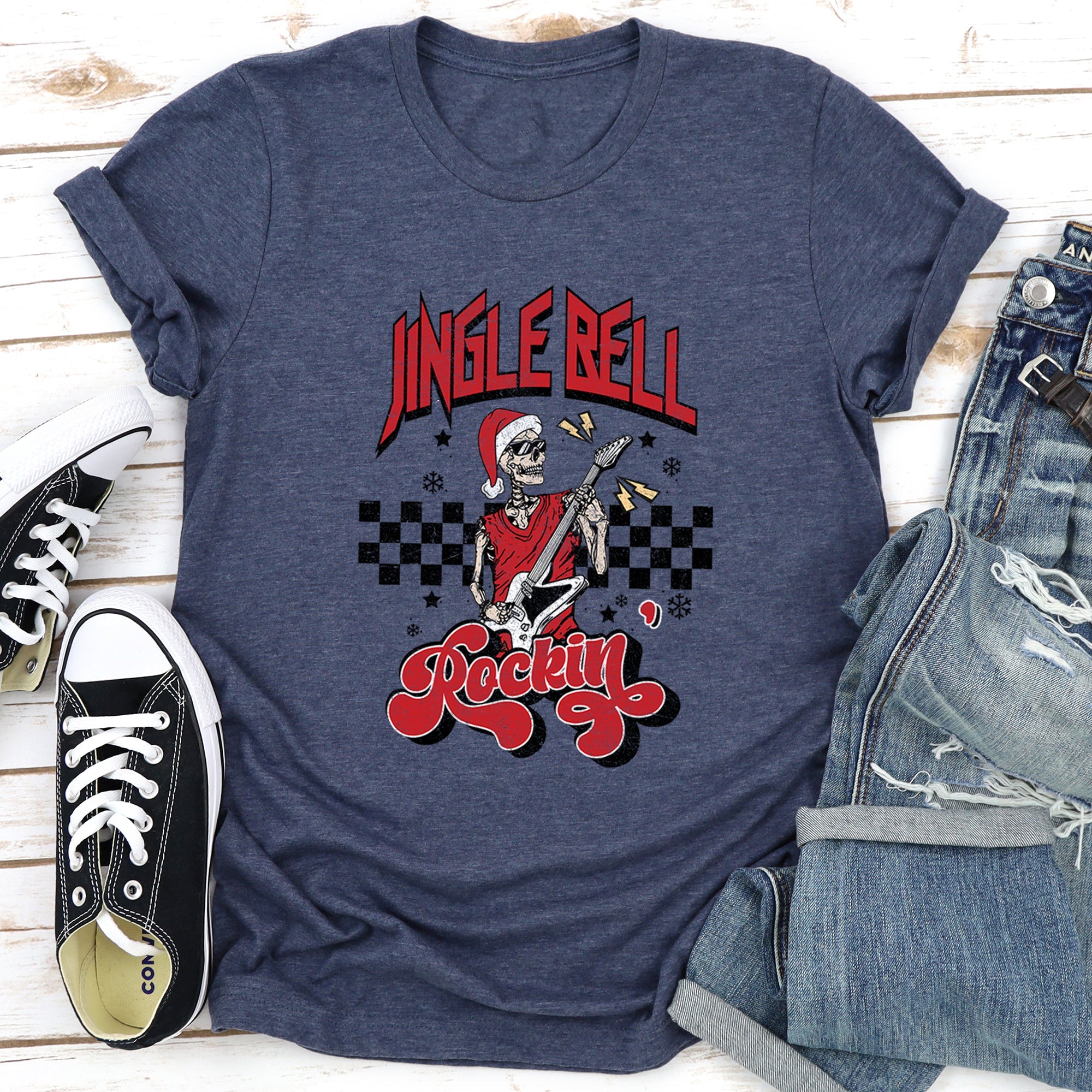 Jingle Bell Rocking Skeleton In Retro Rock Music Vibe Holiday Edition Graphic Tee