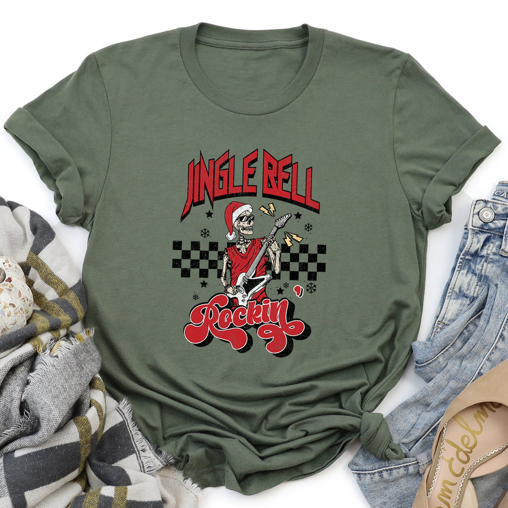 Jingle Bell Rocking Skeleton In Retro Rock Music Vibe Holiday Edition Graphic Tee