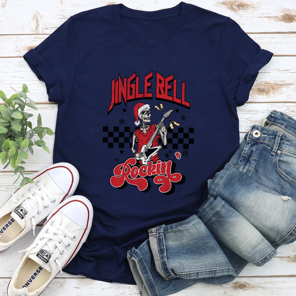 Jingle Bell Rocking Skeleton In Retro Rock Music Vibe Holiday Edition Graphic Tee