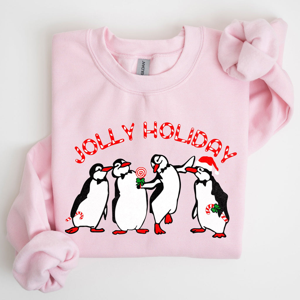 Jolly Holiday Penguins Christmas Winter Santa Cozy Scene With Snowy Parade Sweatshirt