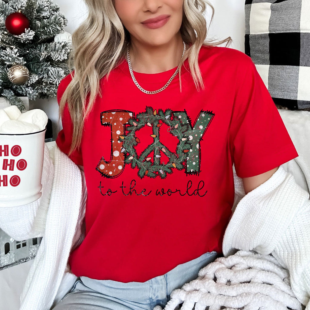 Joy To The World, Peace Wreath, Christmas Edition Classic Holiday Cheer Script Logo Design Artwork Graphic Tee