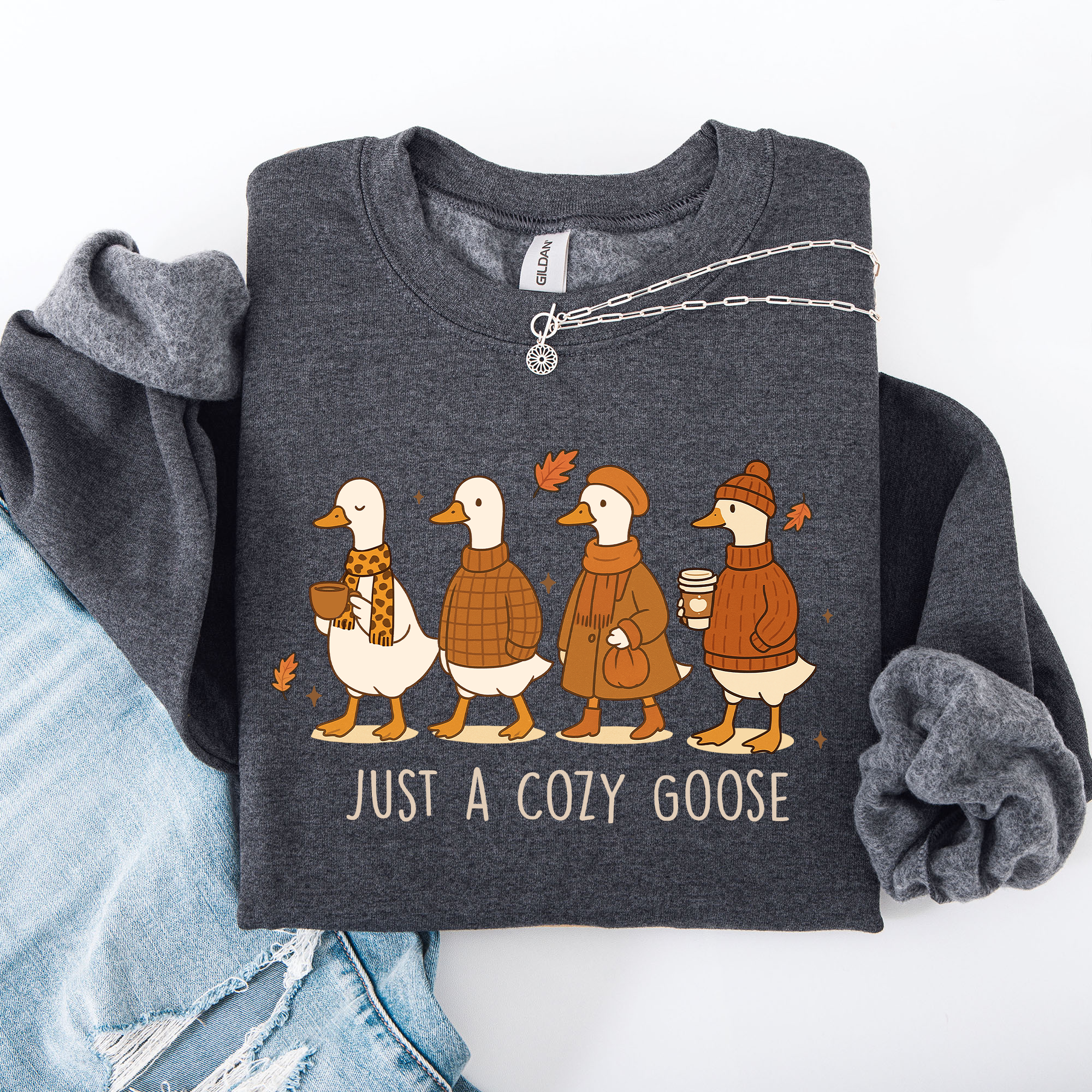 Just A Cozy Goose Autumn Floral Sunflower Pumpkin Spice Cozy Fleece Seasonal Sweatshirt