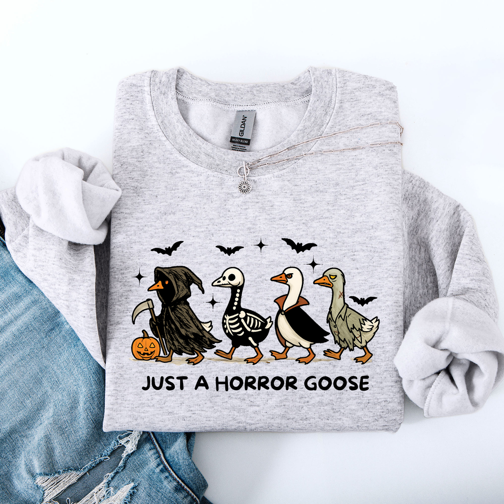 Just A Horror Goose Halloween Spooky Goose Graphic Print Cozy Seasonal Sweatshirt