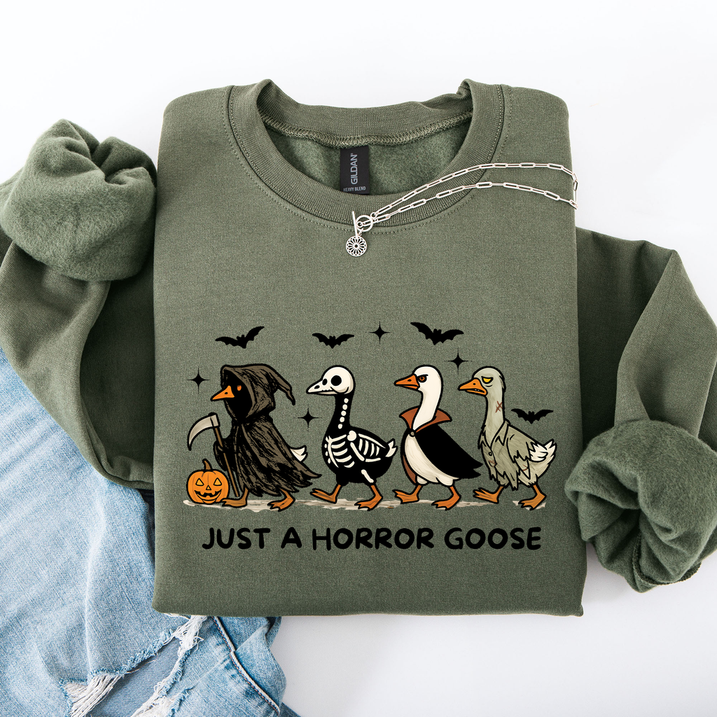 Just A Horror Goose Halloween Spooky Goose Graphic Print Cozy Seasonal Sweatshirt