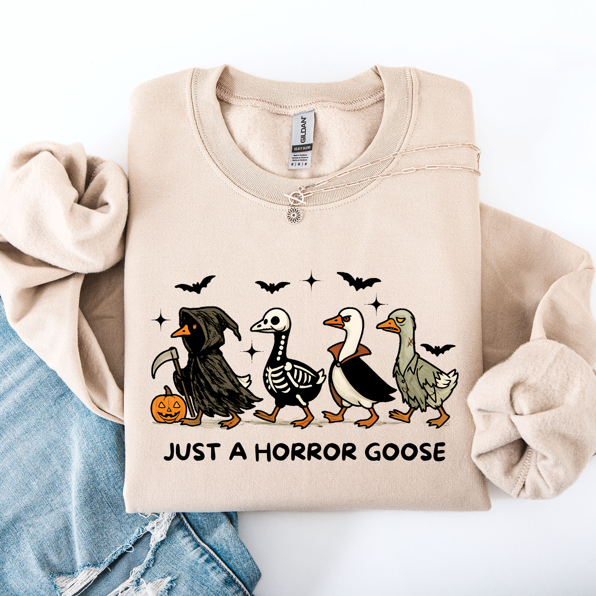 Just A Horror Goose Halloween Spooky Goose Graphic Print Cozy Seasonal Sweatshirt