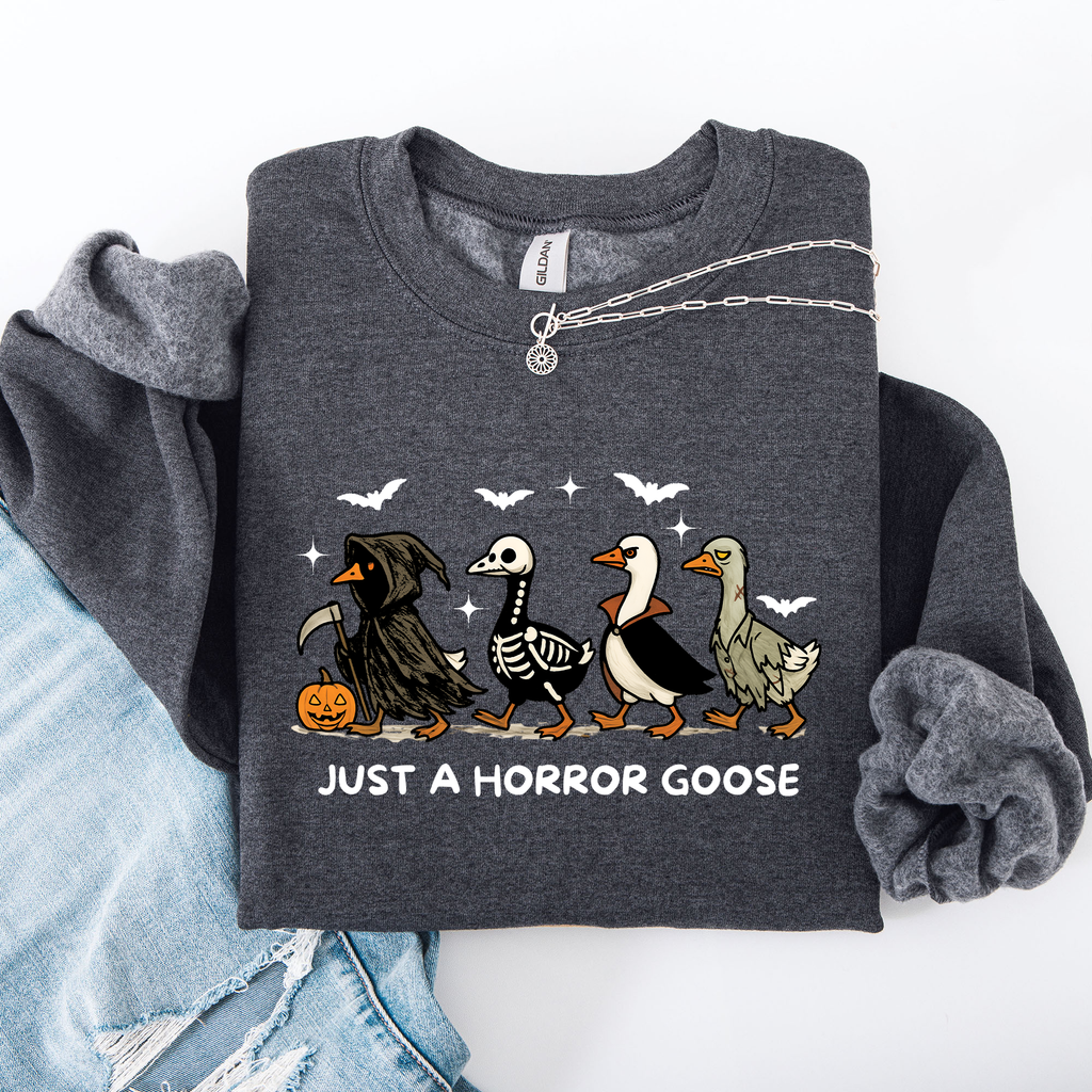 Just A Horror Goose Halloween Spooky Goose Graphic Print Cozy Seasonal Sweatshirt