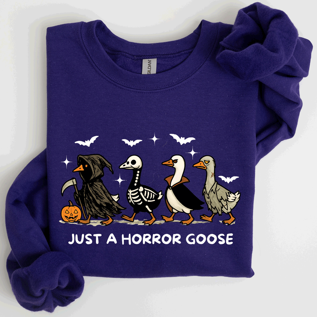 Just A Horror Goose Halloween Spooky Goose Graphic Print Cozy Seasonal Sweatshirt