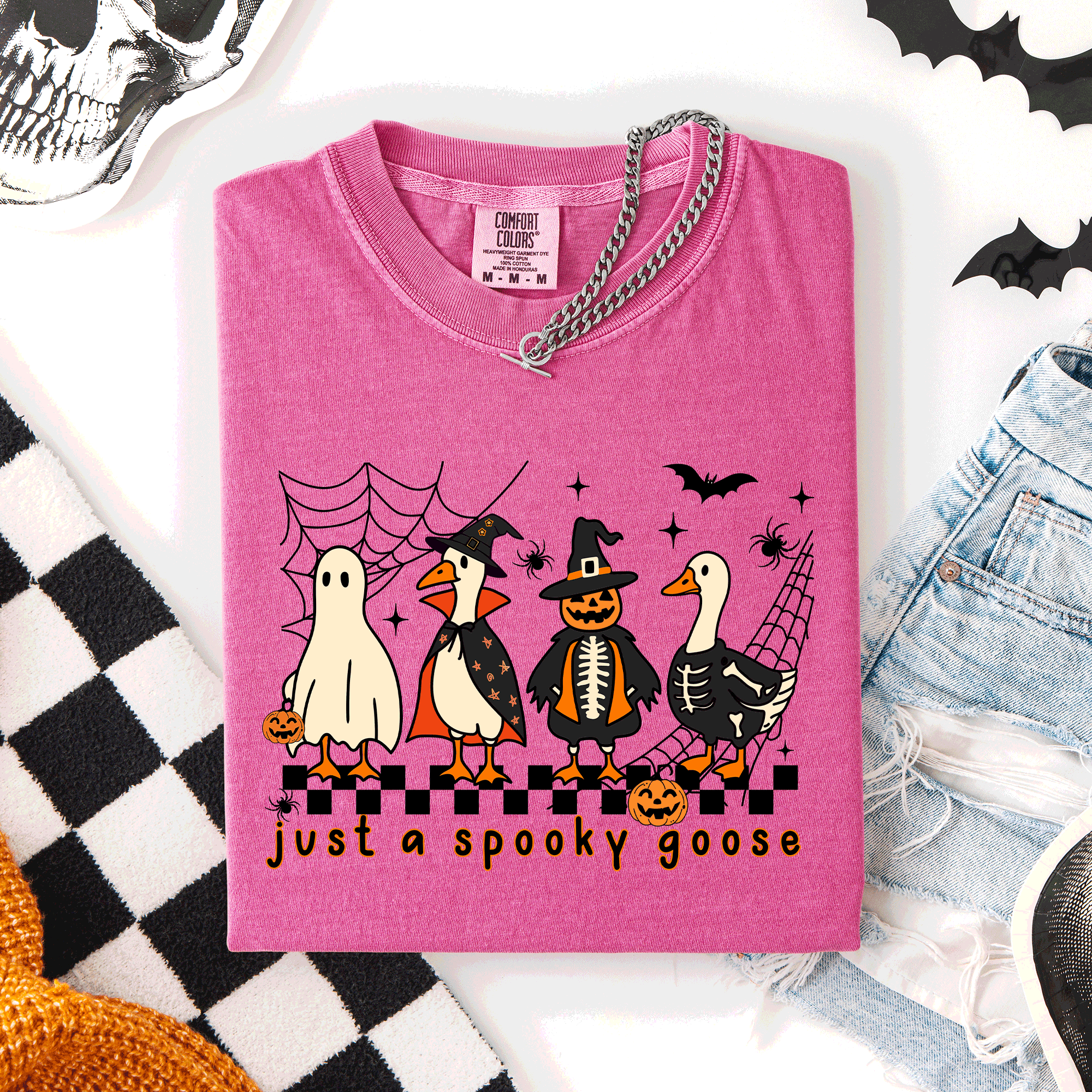 Just A Spooky Goose, Checkered, Halloween Comfort Colors Tee