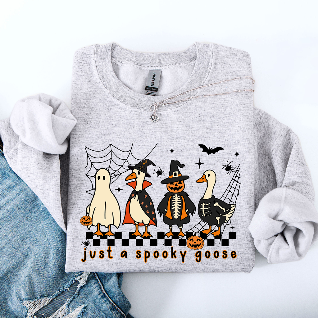 Just A Spooky Goose Checkered Halloween Design With Eerie Vibe For Cozy Fall Sweatshirt