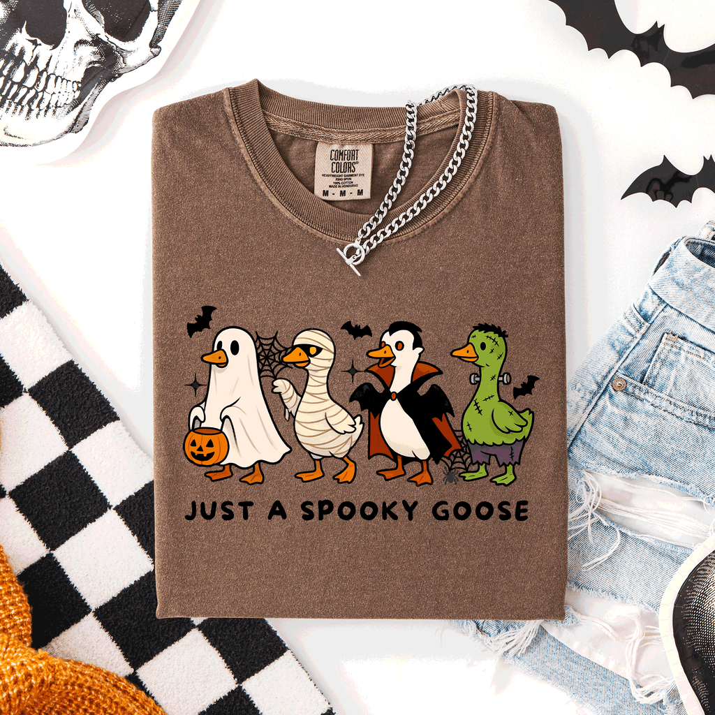 Just A Spooky Goose Comfort Colors Tee Featuring Dracula Vampire Ghost And Mummy Halloween Design