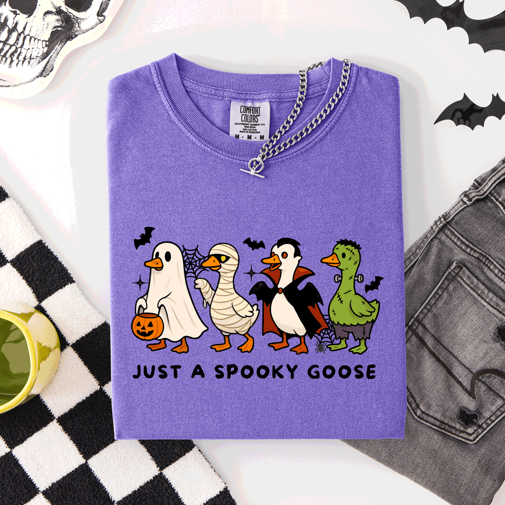 Just A Spooky Goose Comfort Colors Tee Featuring Dracula Vampire Ghost And Mummy Halloween Design