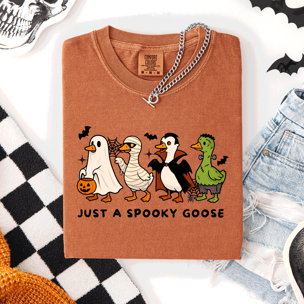Just A Spooky Goose Comfort Colors Tee Featuring Dracula Vampire Ghost And Mummy Halloween Design