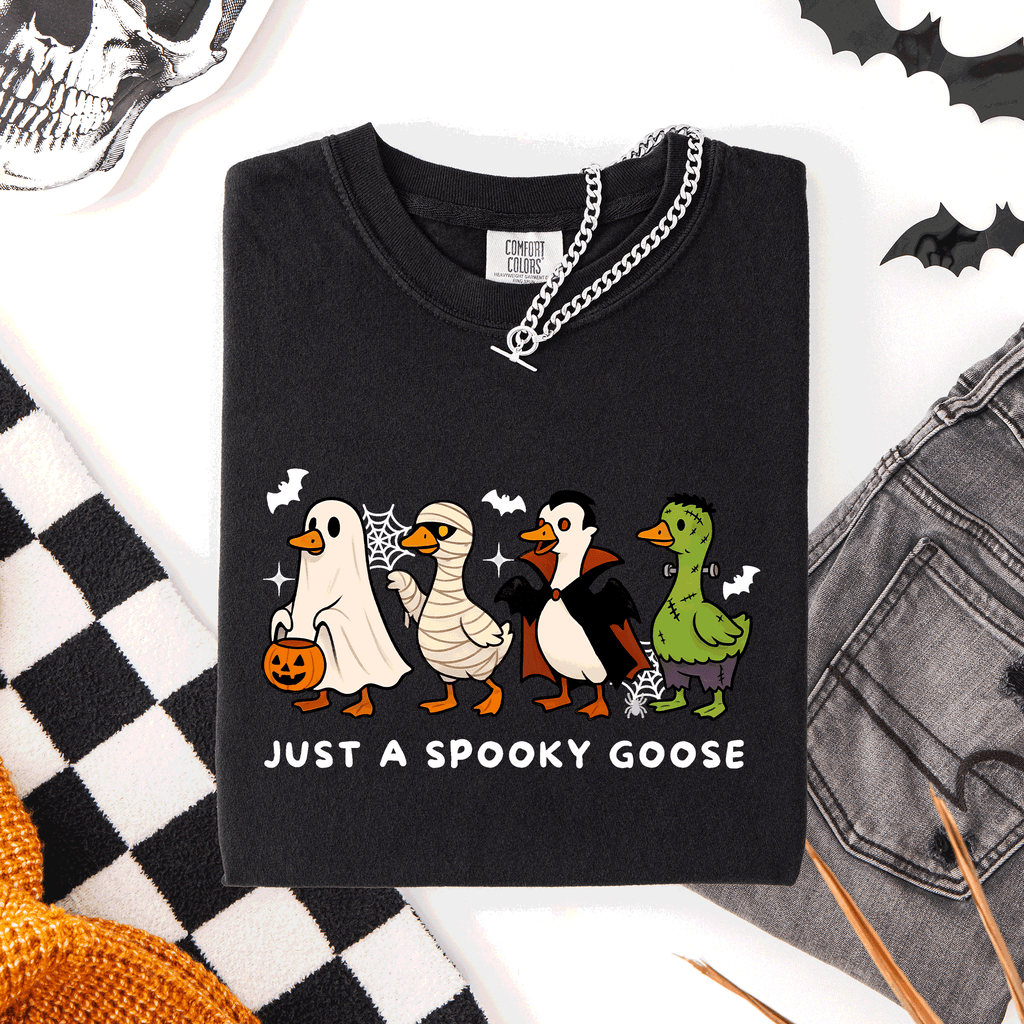 Just A Spooky Goose Comfort Colors Tee Featuring Dracula Vampire Ghost And Mummy Halloween Design