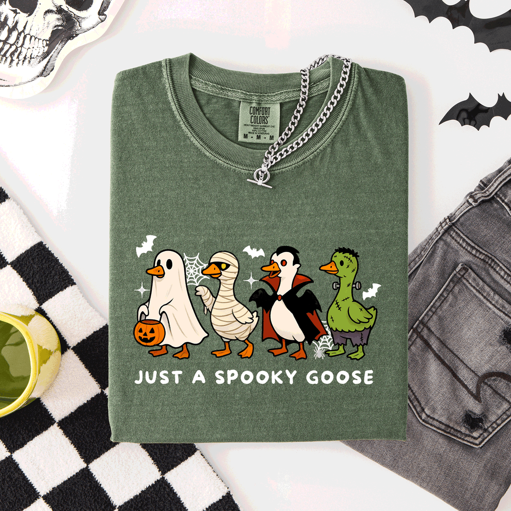 Just A Spooky Goose Comfort Colors Tee Featuring Dracula Vampire Ghost And Mummy Halloween Design