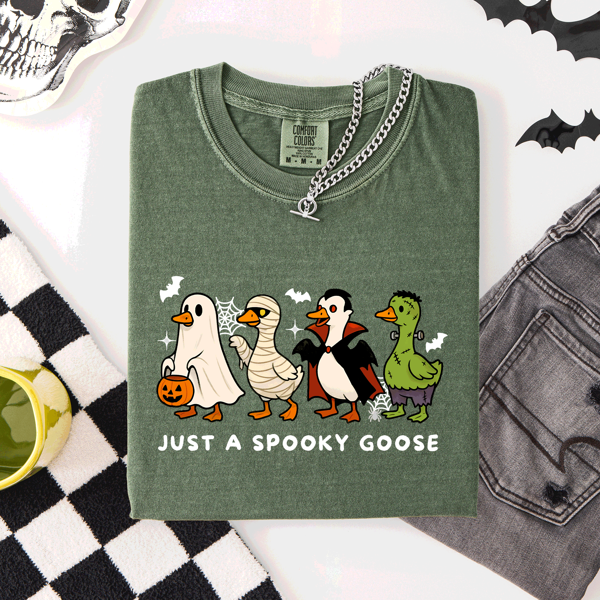 Just A Spooky Goose Comfort Colors Tee Featuring Dracula Vampire Ghost And Mummy Halloween Design