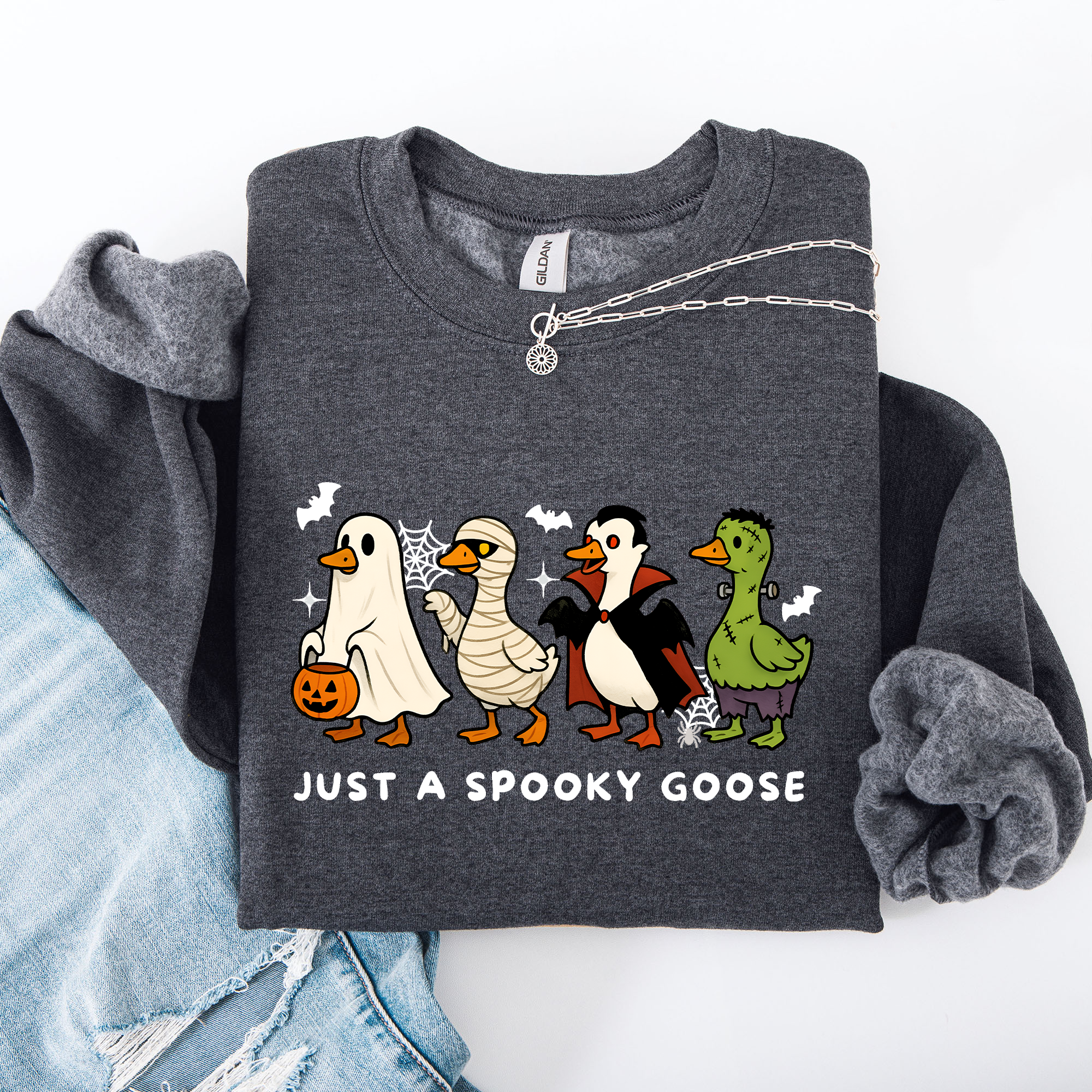 Just A Spooky Goose Dracula Vampire Ghost Mummy Halloween Themed Graphic Sweatshirt