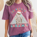 Just Waiting For Christmas Skeleton Retro Classic Graphic Artwork Comfort Colors Tee