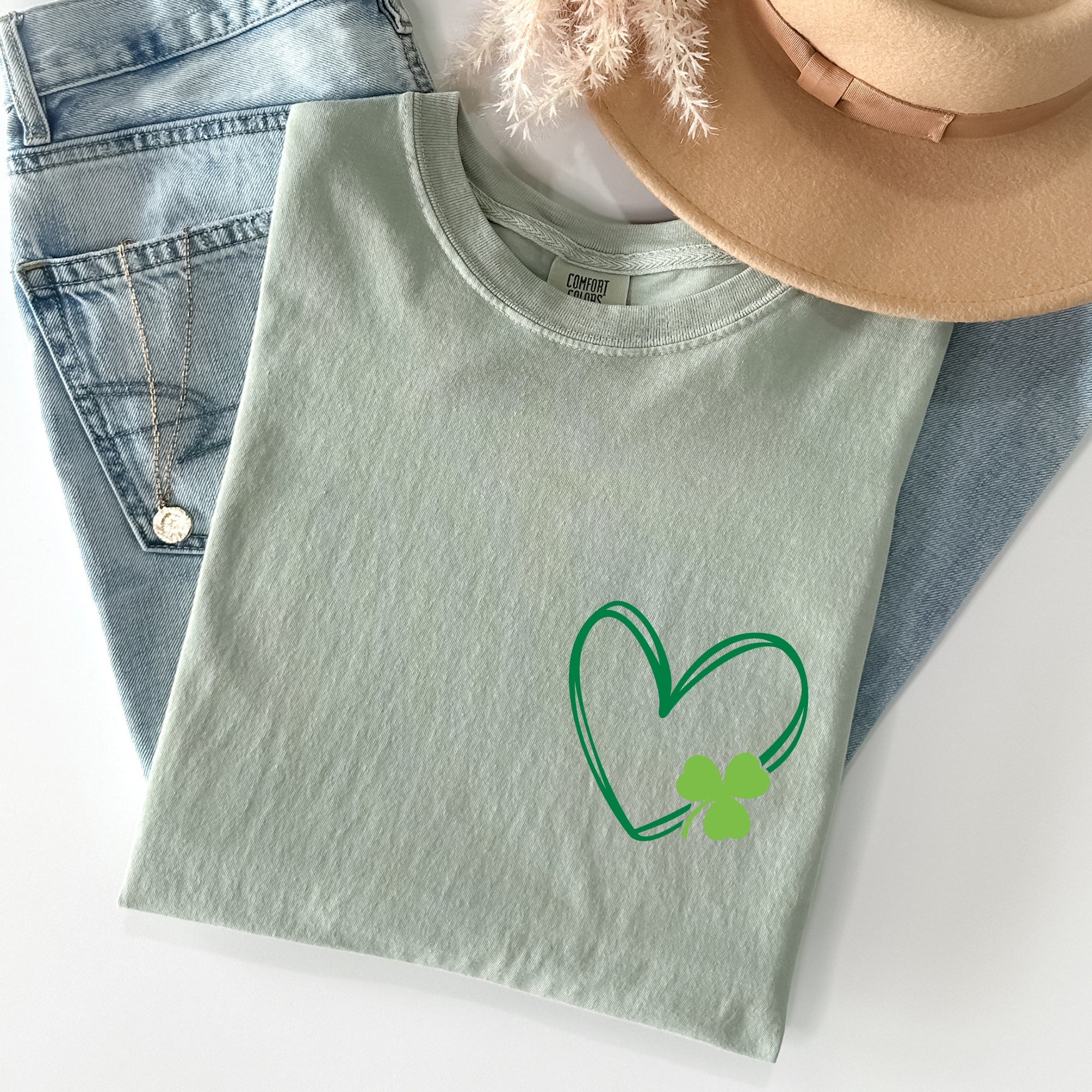 Double Heart With Shamrock Pocket Print St Patrick's Day Edition Comfort Colors Tee