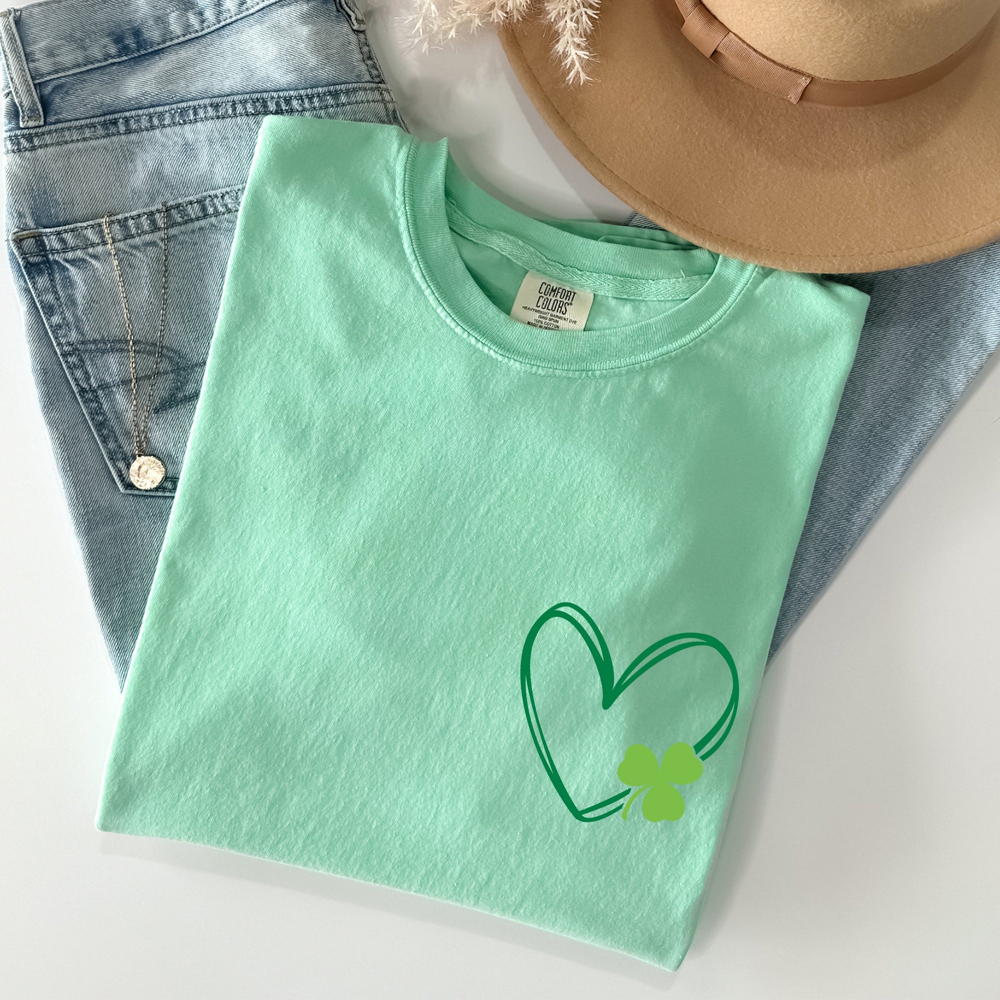 Double Heart With Shamrock Pocket Print St Patrick's Day Edition Comfort Colors Tee