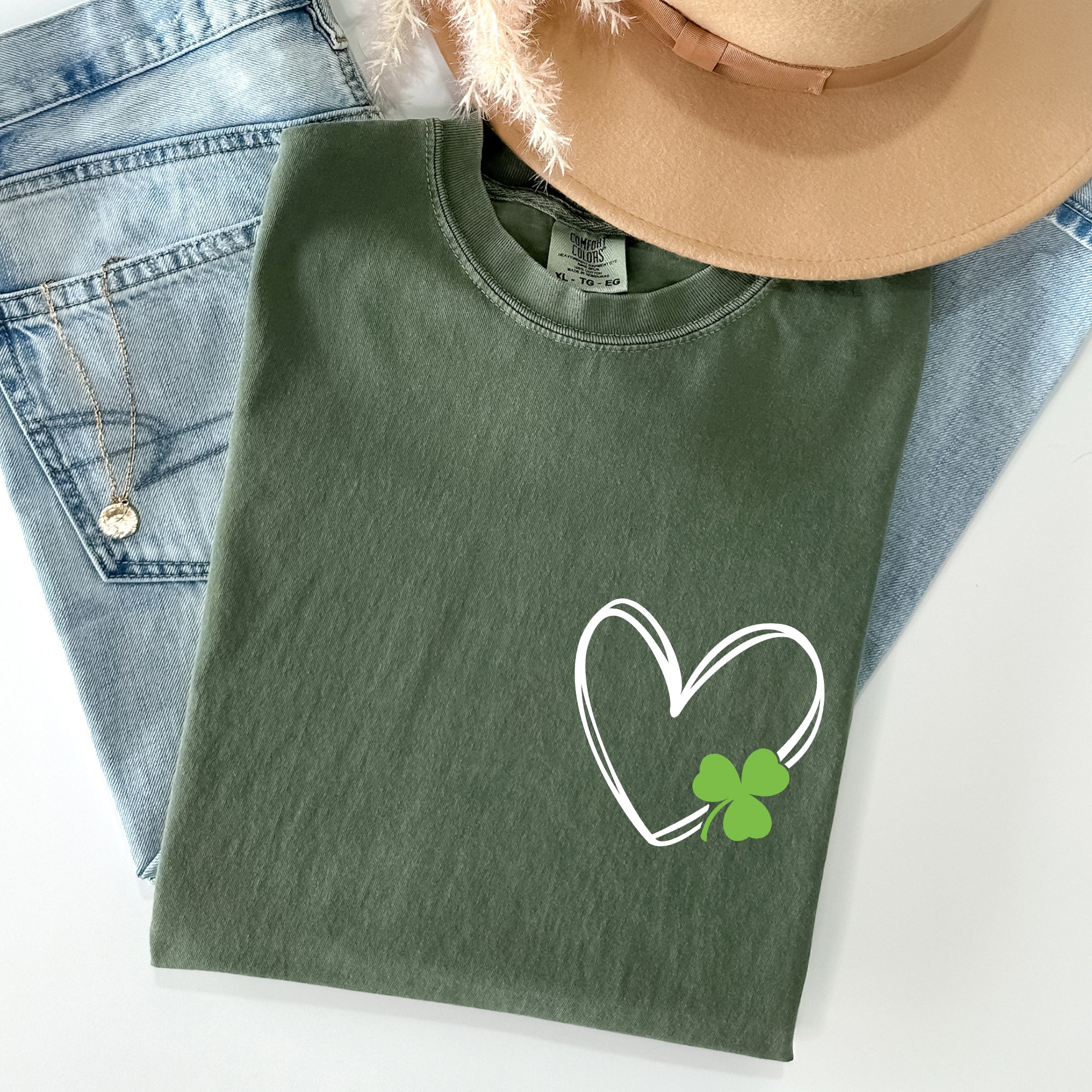 Double Heart With Shamrock Pocket Print St Patrick's Day Edition Comfort Colors Tee
