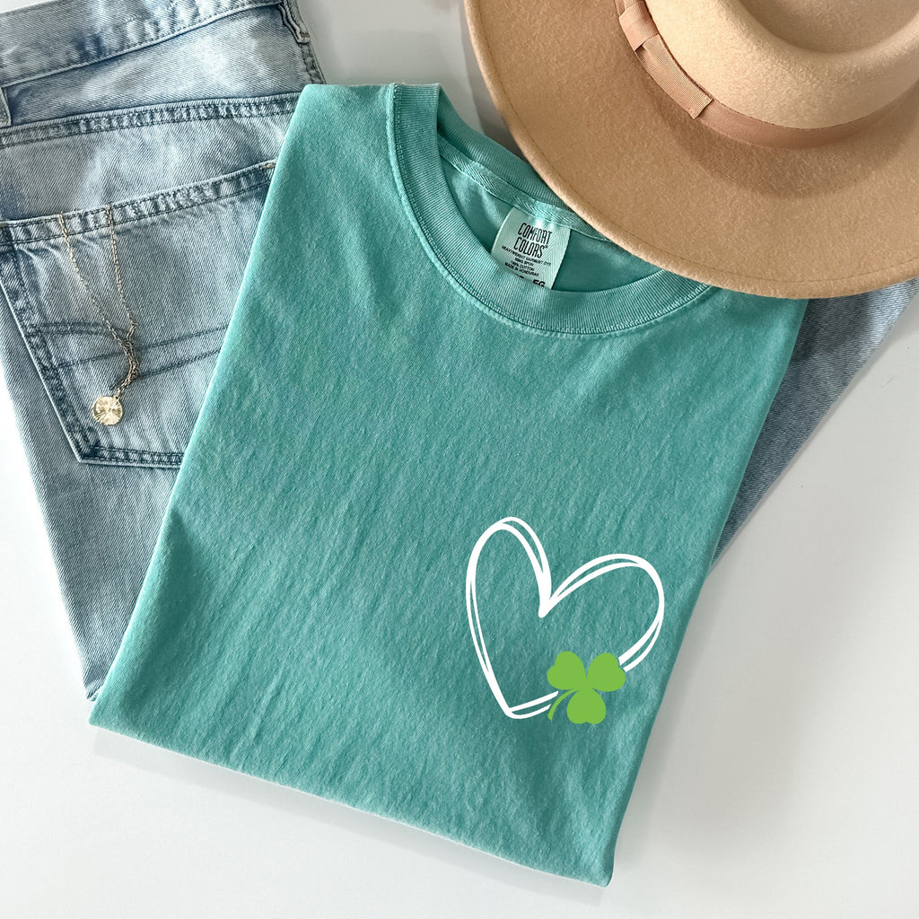 Double Heart With Shamrock Pocket Print St Patrick's Day Edition Comfort Colors Tee