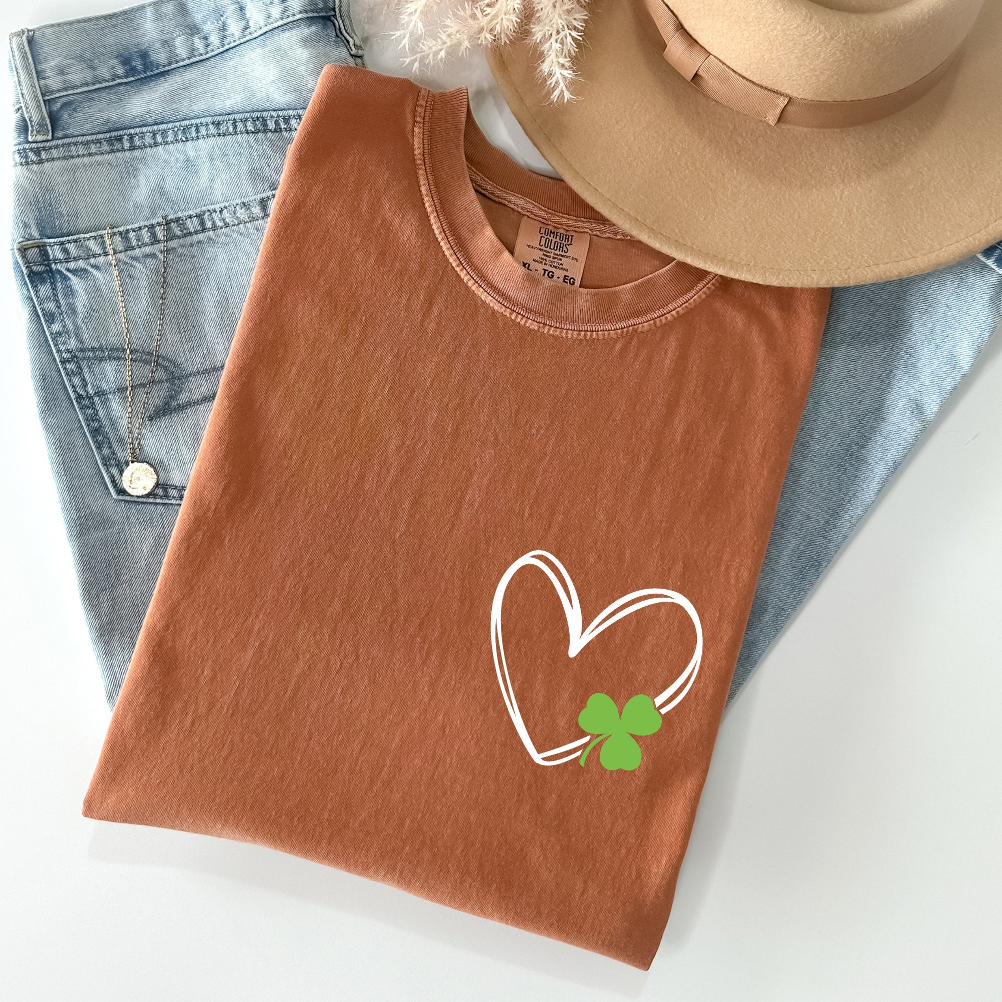 Double Heart With Shamrock Pocket Print St Patrick's Day Edition Comfort Colors Tee