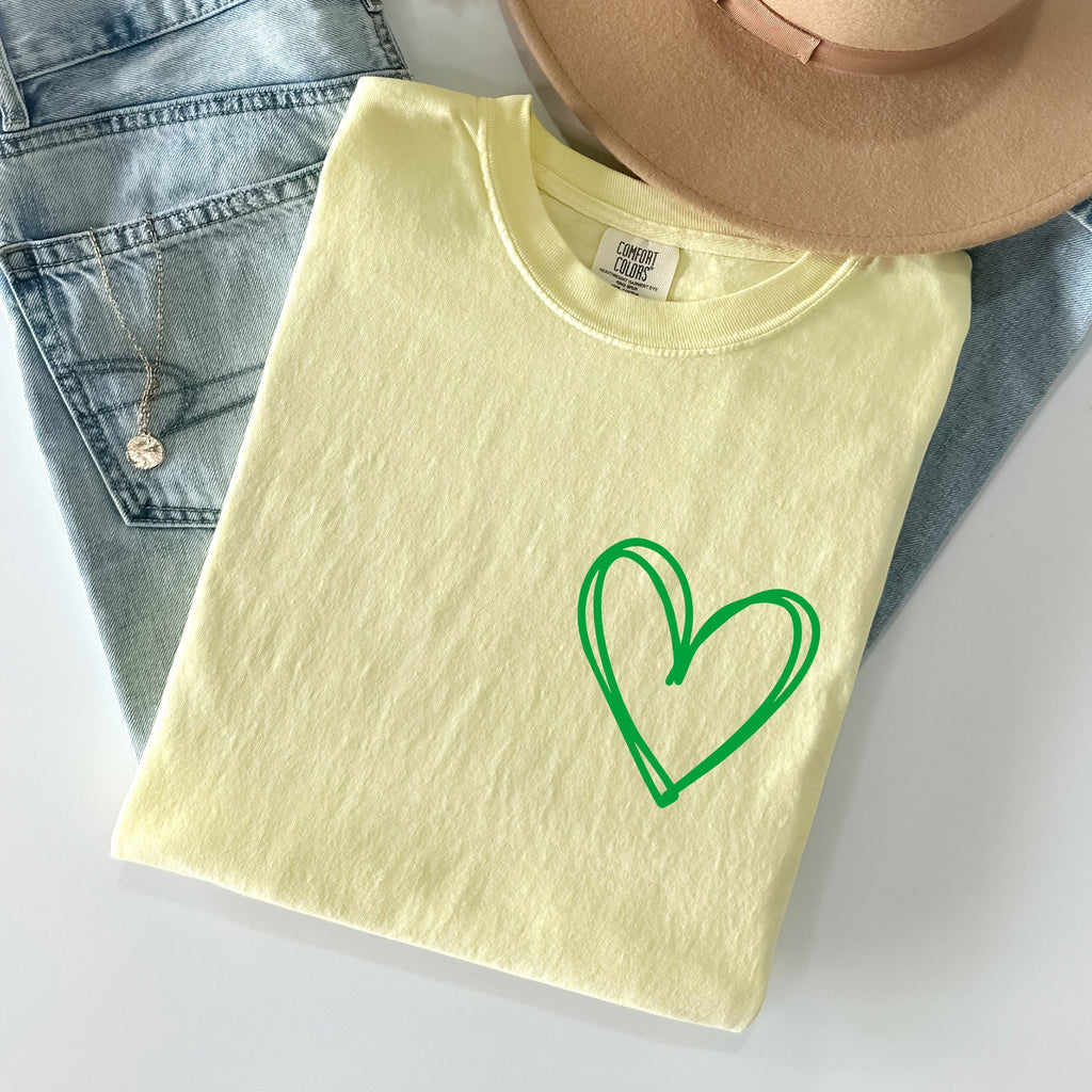 Double Heart, Pocket Print, St Patrick's Day Edition With Celtic Charm Comfort Colors Tee