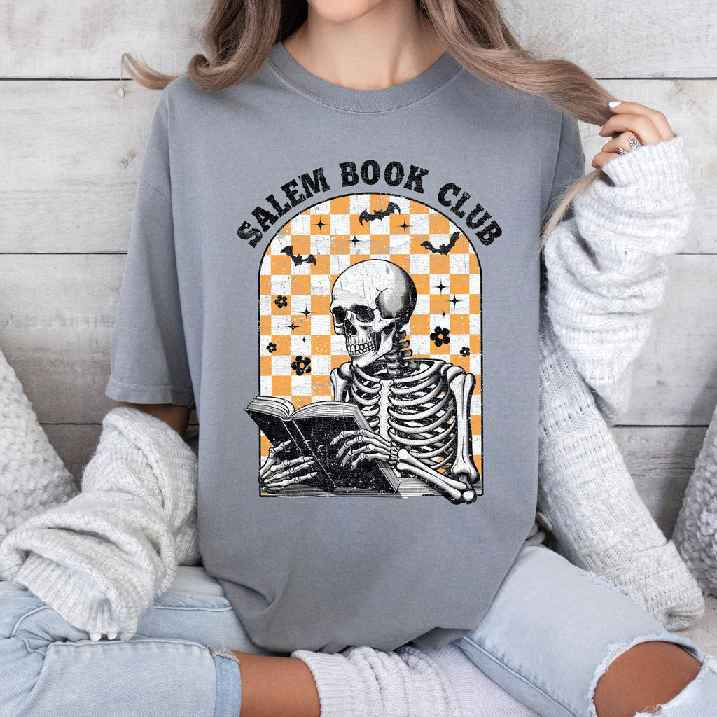 Salem Book Club Skeleton Checkered Retro Limited Deluxe Edition Comfort Colors Tee