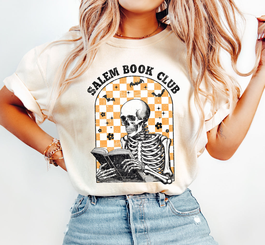 Salem Book Club Skeleton Checkered Retro Limited Deluxe Edition Comfort Colors Tee