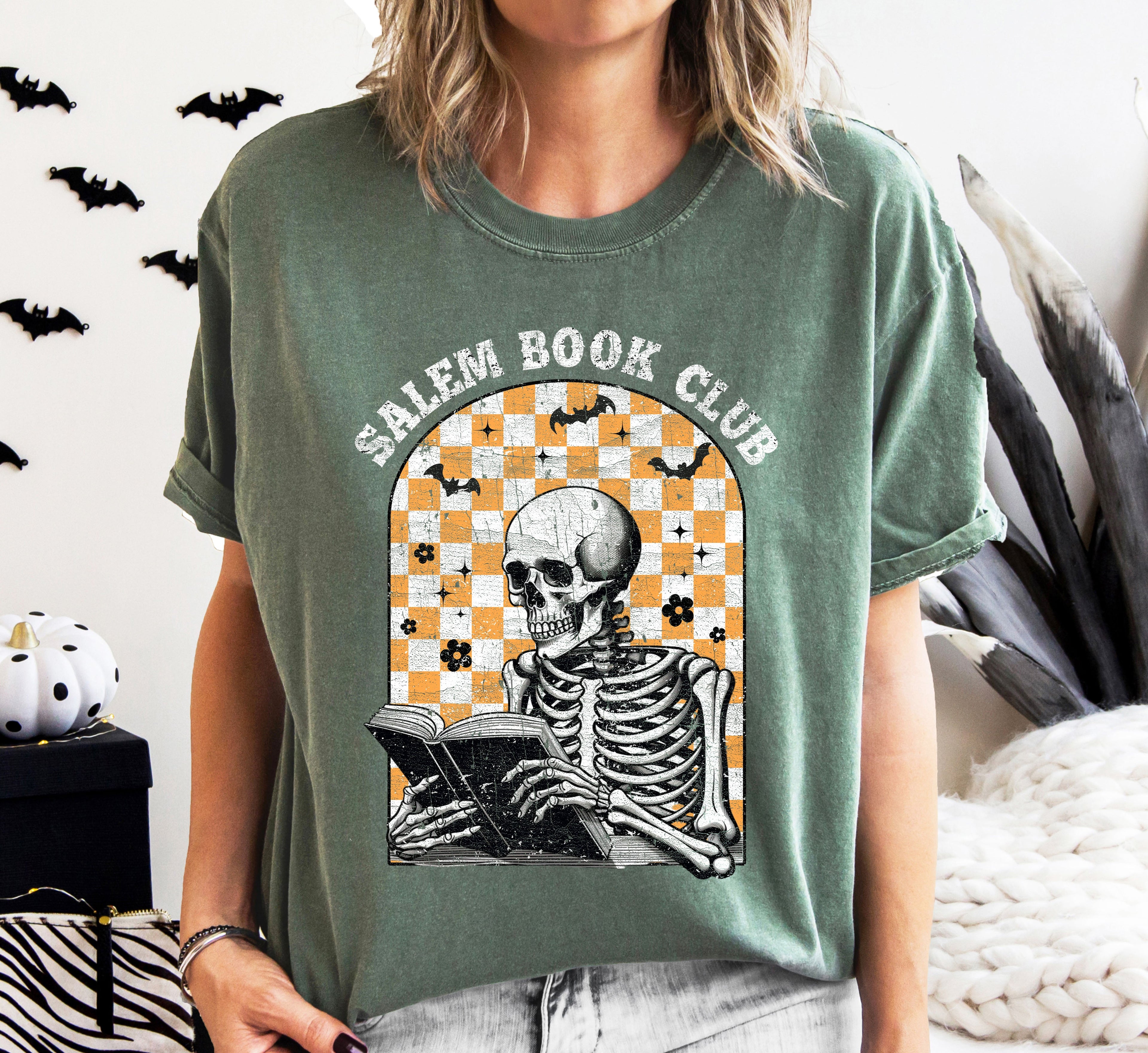 Salem Book Club Skeleton Checkered Retro Limited Deluxe Edition Comfort Colors Tee