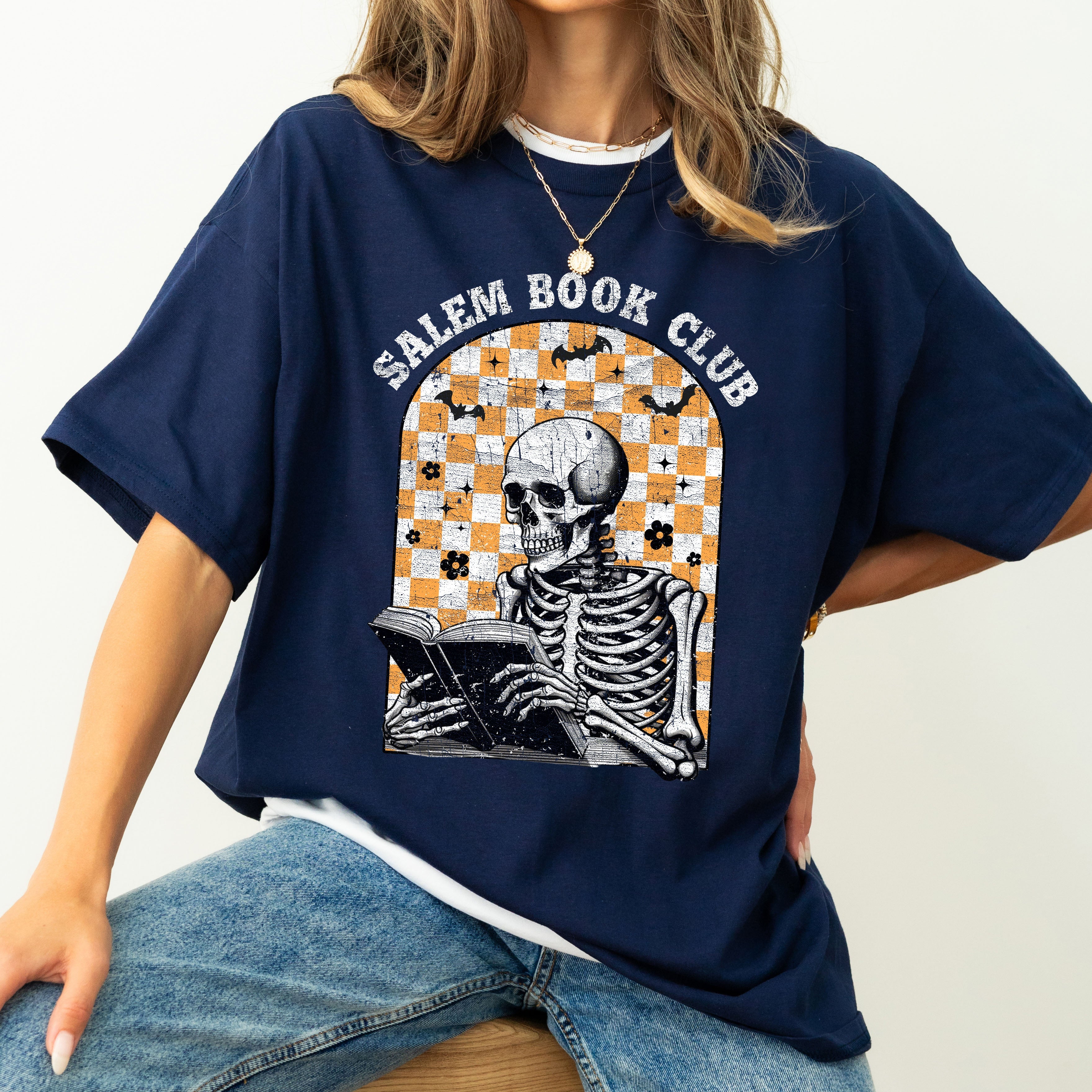 Salem Book Club Skeleton Checkered Retro Limited Deluxe Edition Comfort Colors Tee