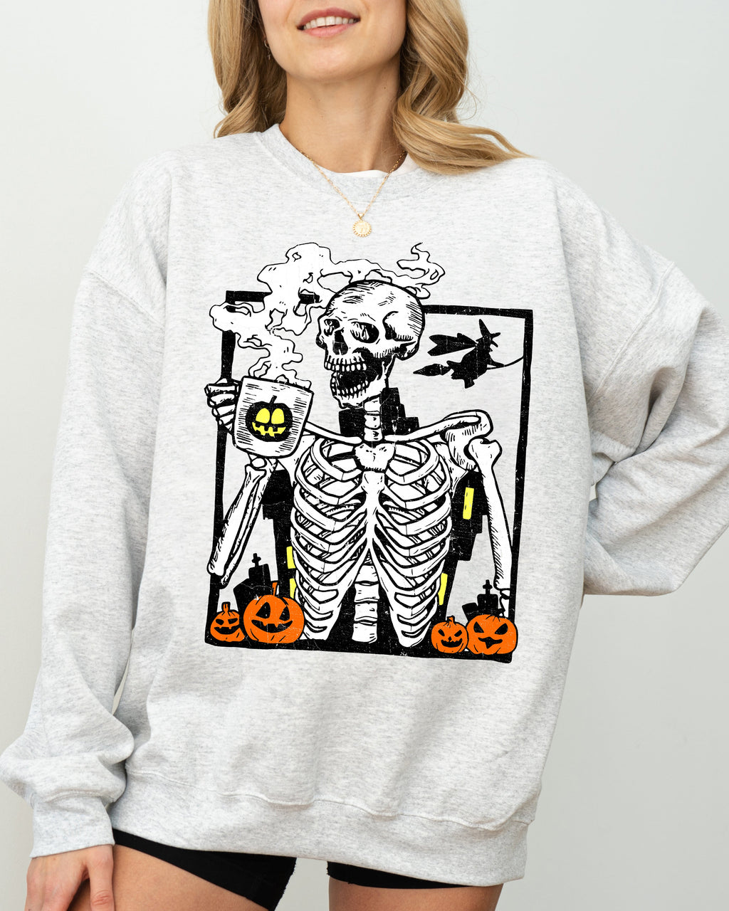 Coffee Lover Skeleton Witch Aesthetic Meme Halloween Spooky Costume Deluxe Sweatshirt