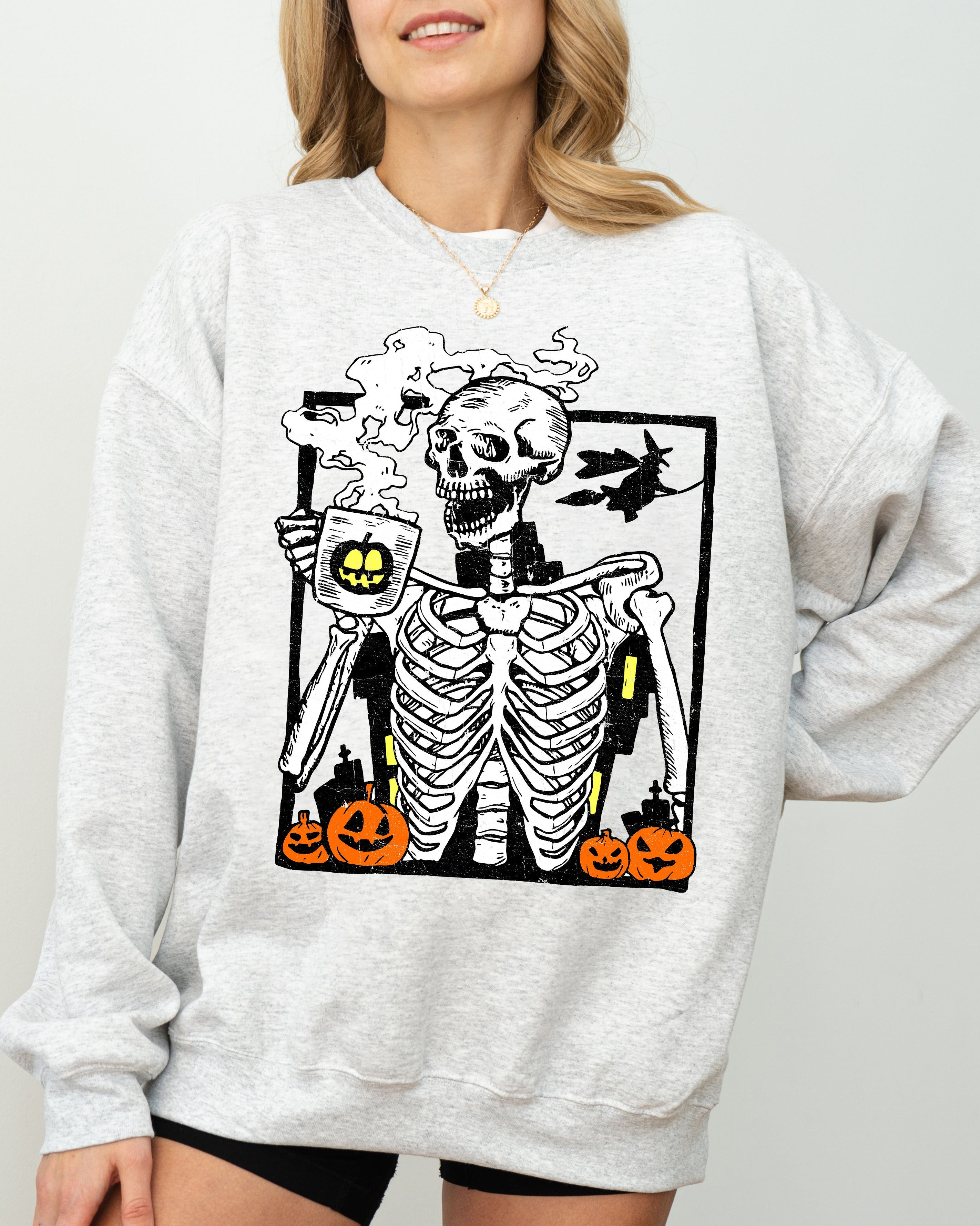 Coffee Lover Skeleton Witch Aesthetic Meme Halloween Spooky Costume Deluxe Sweatshirt