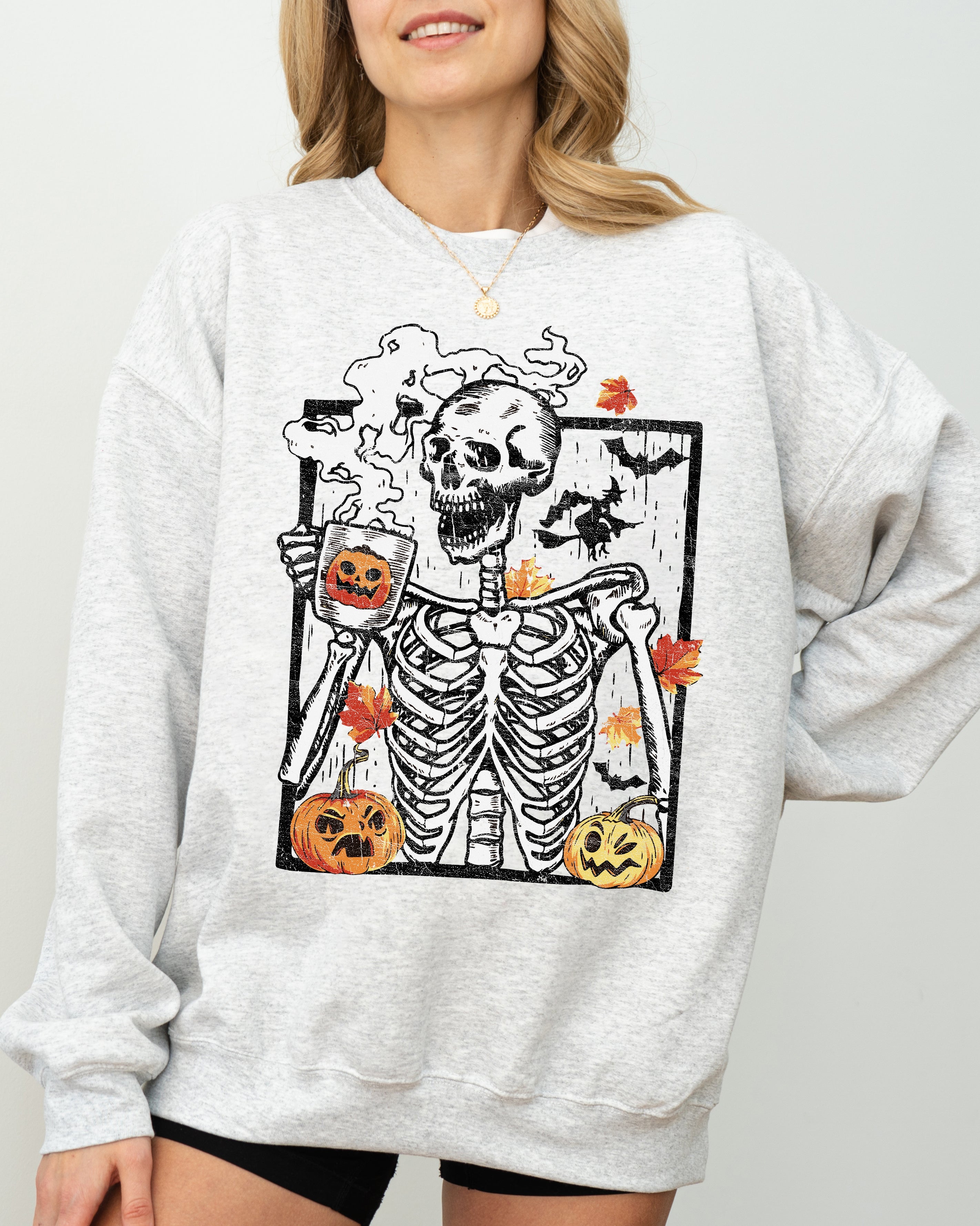 Skeleton Coffee Pumpkin Witch Meme Aesthetic Halloween Spooky Costume Classic Sweatshirt