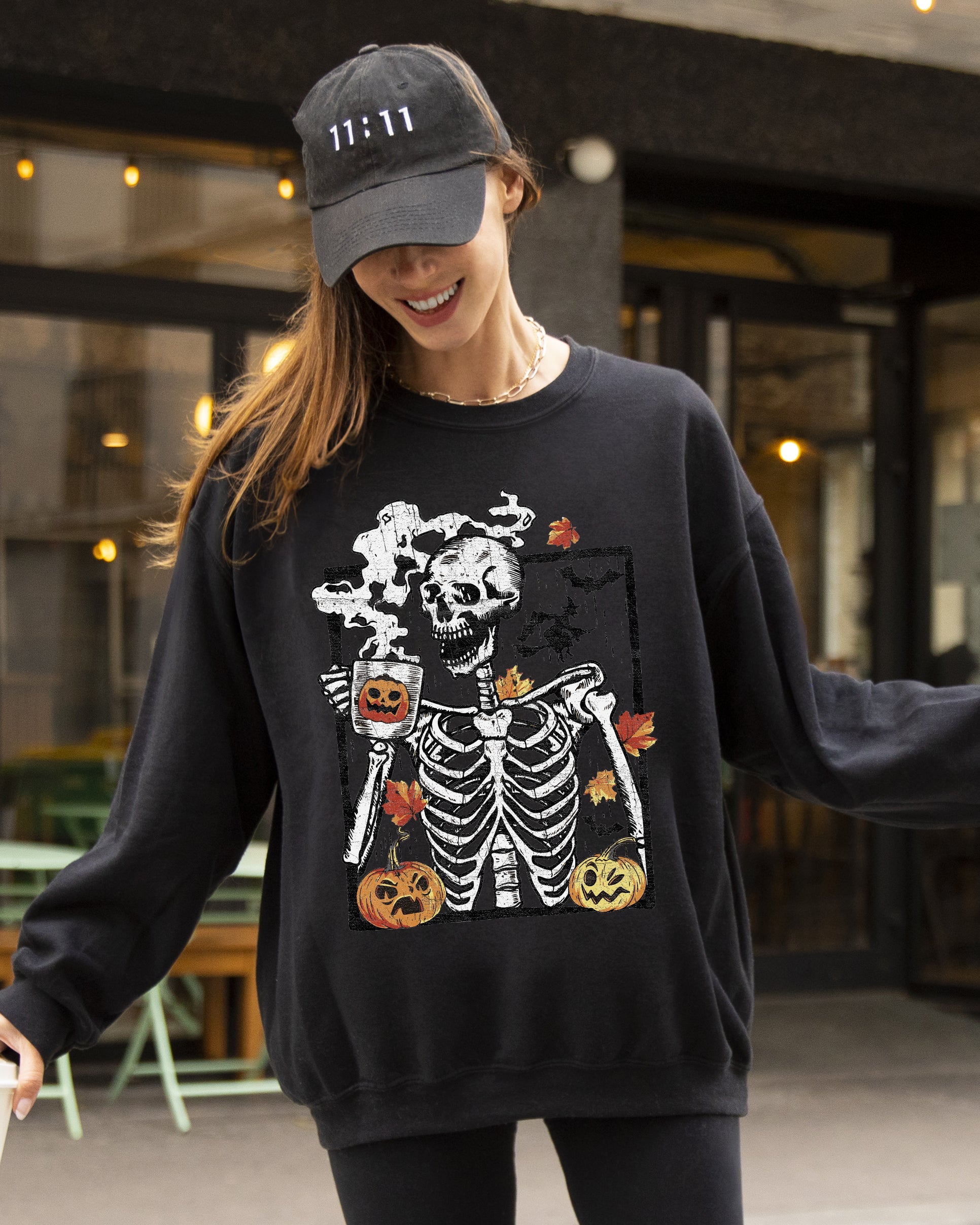 Skeleton Coffee Pumpkin Witch Meme Aesthetic Halloween Spooky Costume Classic Sweatshirt