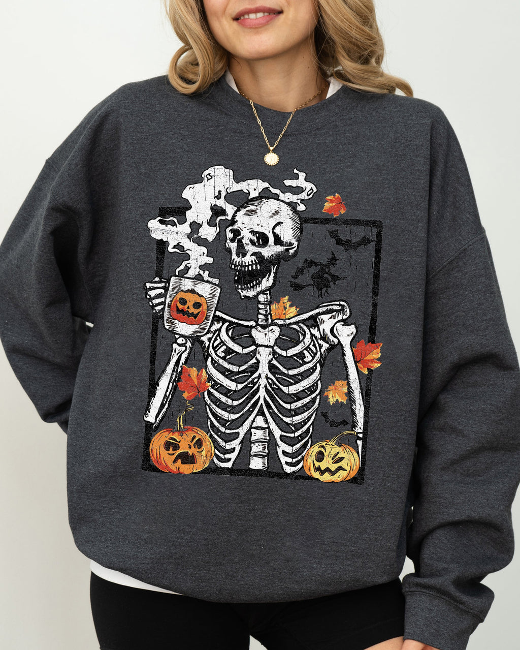 Skeleton Coffee Pumpkin Witch Meme Aesthetic Halloween Spooky Costume Classic Sweatshirt