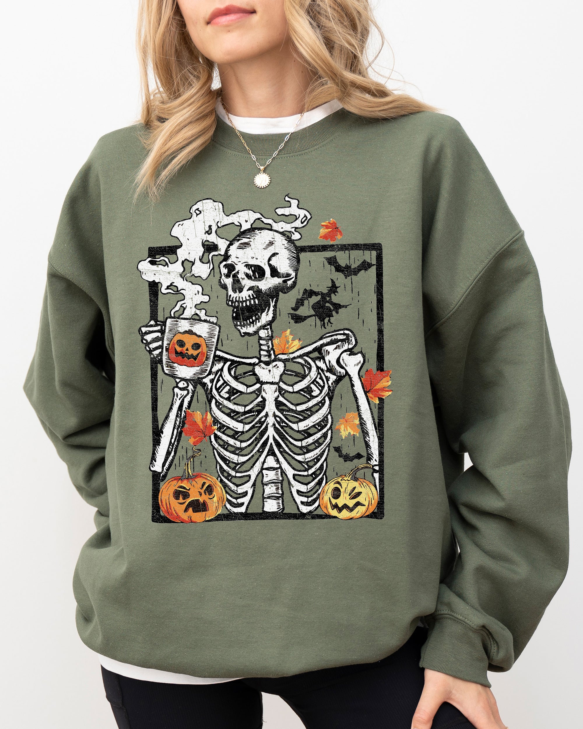 Skeleton Coffee Pumpkin Witch Meme Aesthetic Halloween Spooky Costume Classic Sweatshirt