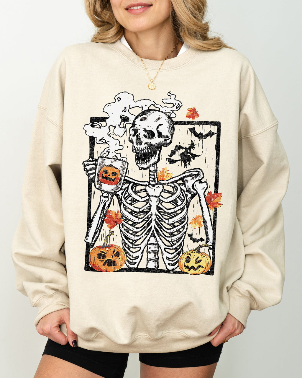 Skeleton Coffee Pumpkin Witch Meme Aesthetic Halloween Spooky Costume Classic Sweatshirt