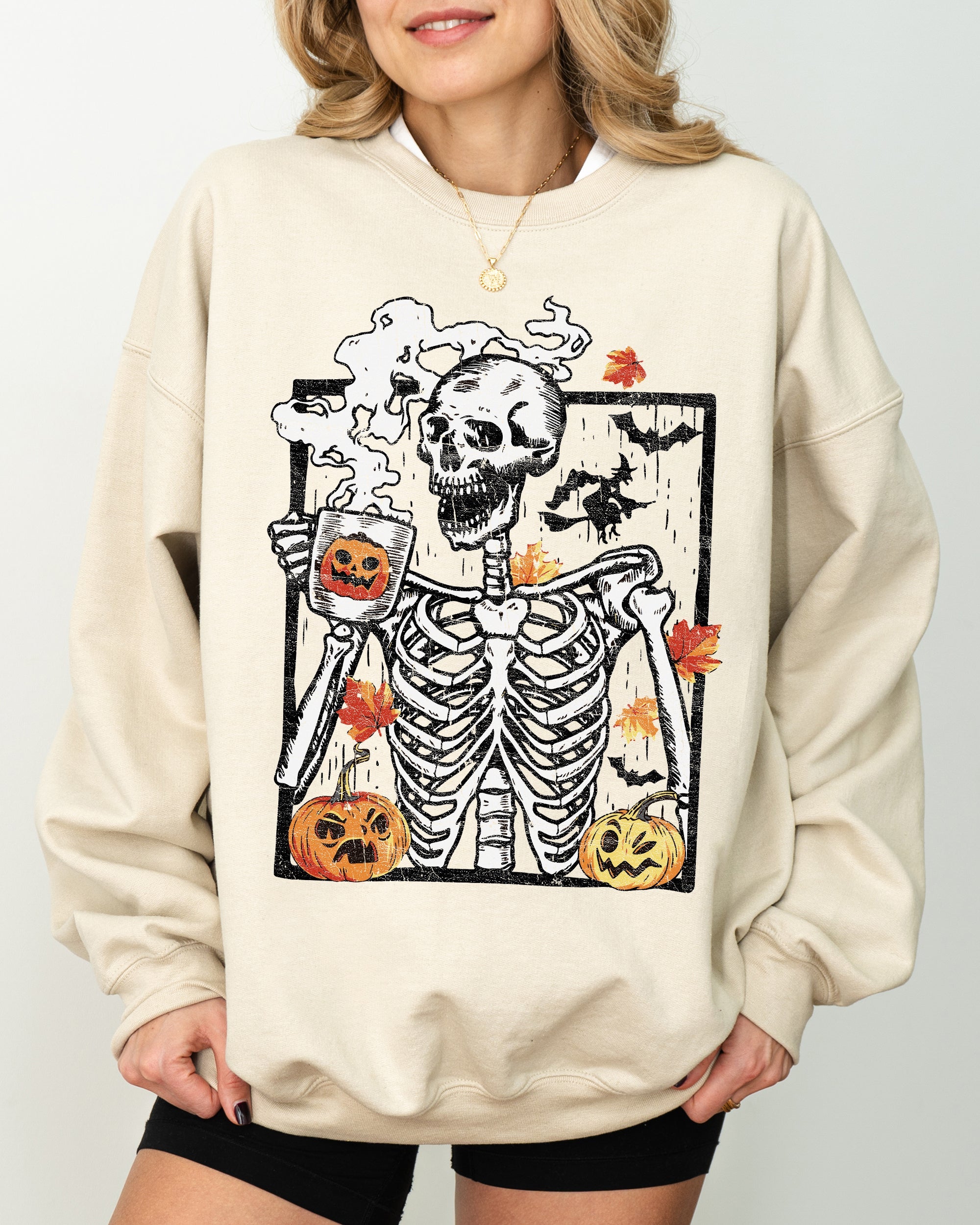 Skeleton Coffee Pumpkin Witch Meme Aesthetic Halloween Spooky Costume Classic Sweatshirt