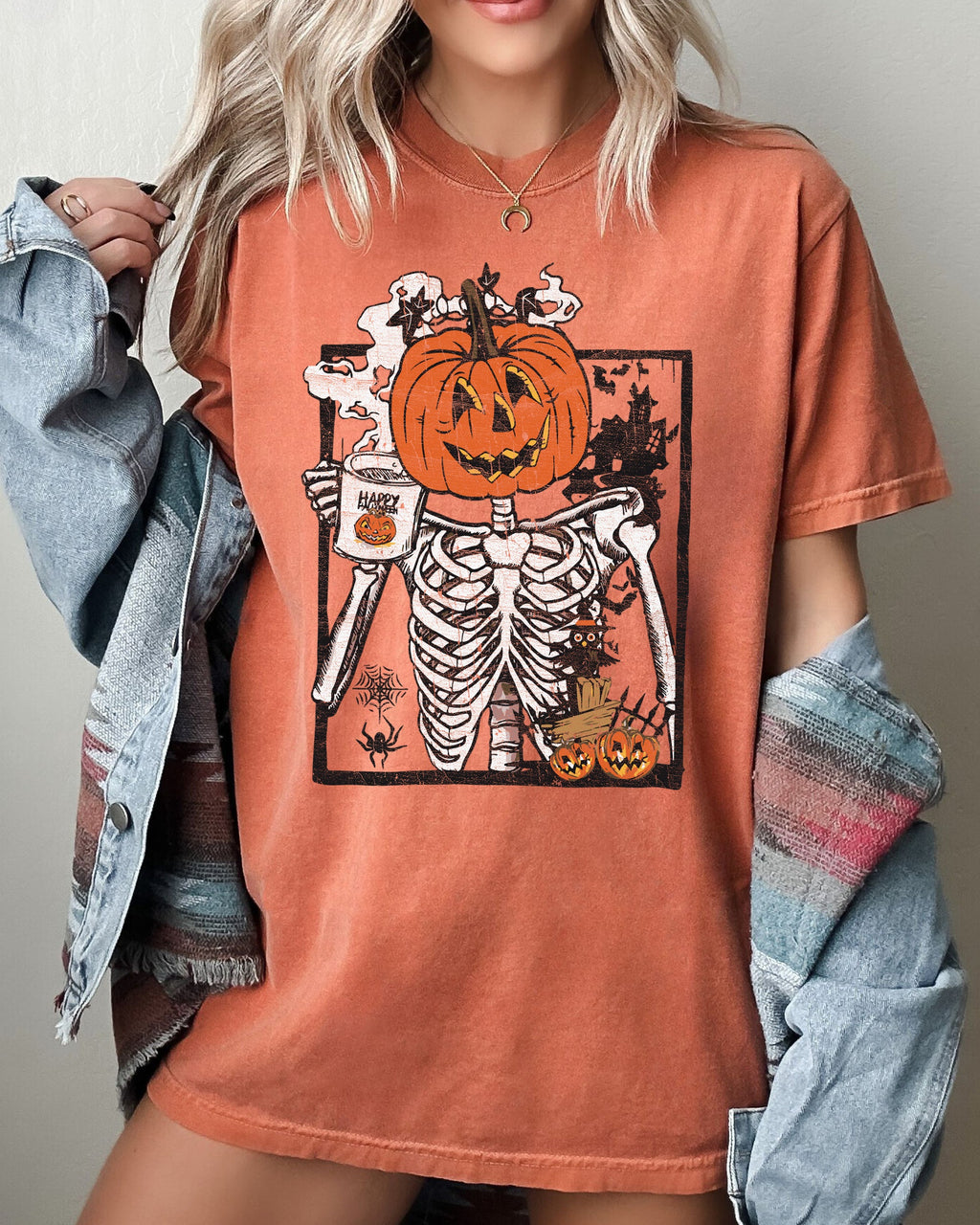 Pumpkin Head Skeleton Coffee Witch Aesthetic Meme Halloween Spooky Comfort Colors Tee