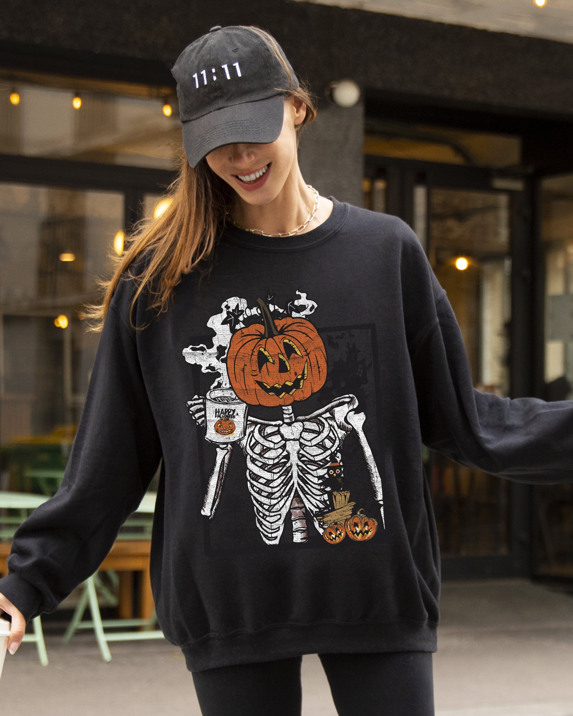 Pumpkin Head Skeleton Coffee Witch Aesthetic Meme Halloween Spooky Costume Sweatshirt
