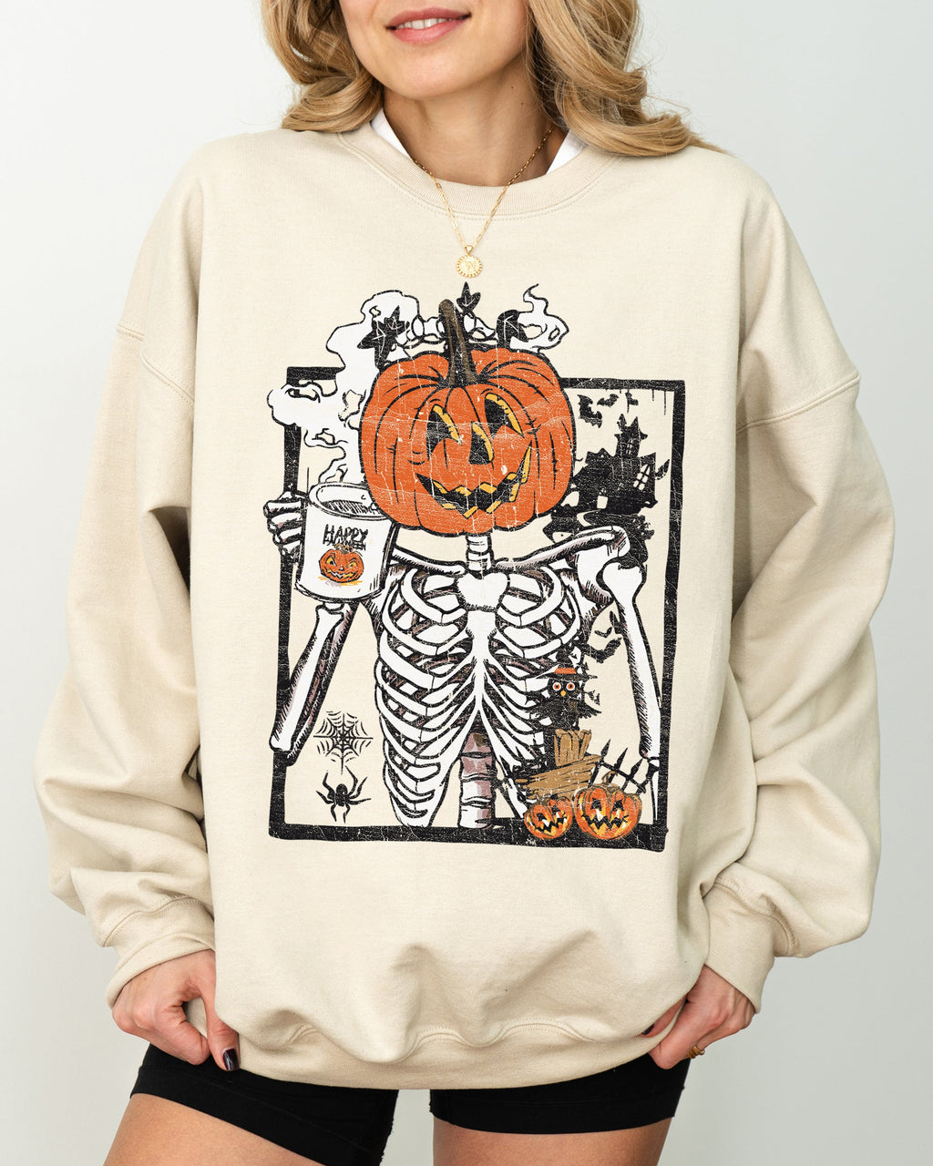 Pumpkin Head Skeleton Coffee Witch Aesthetic Meme Halloween Spooky Costume Sweatshirt