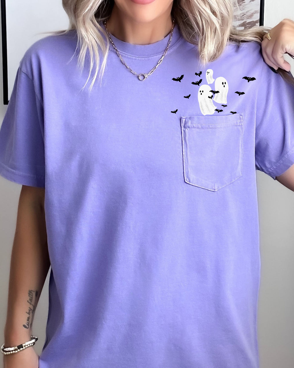 Flying Ghosts and Bats Halloween Costume Pocket Print Graphic Comfort Colors Tee