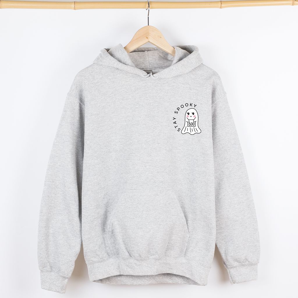 Stay Spooky Ghost Halloween Pocket Checkered Cozy Autumn Vibe Nightlife Graphic Hoodie