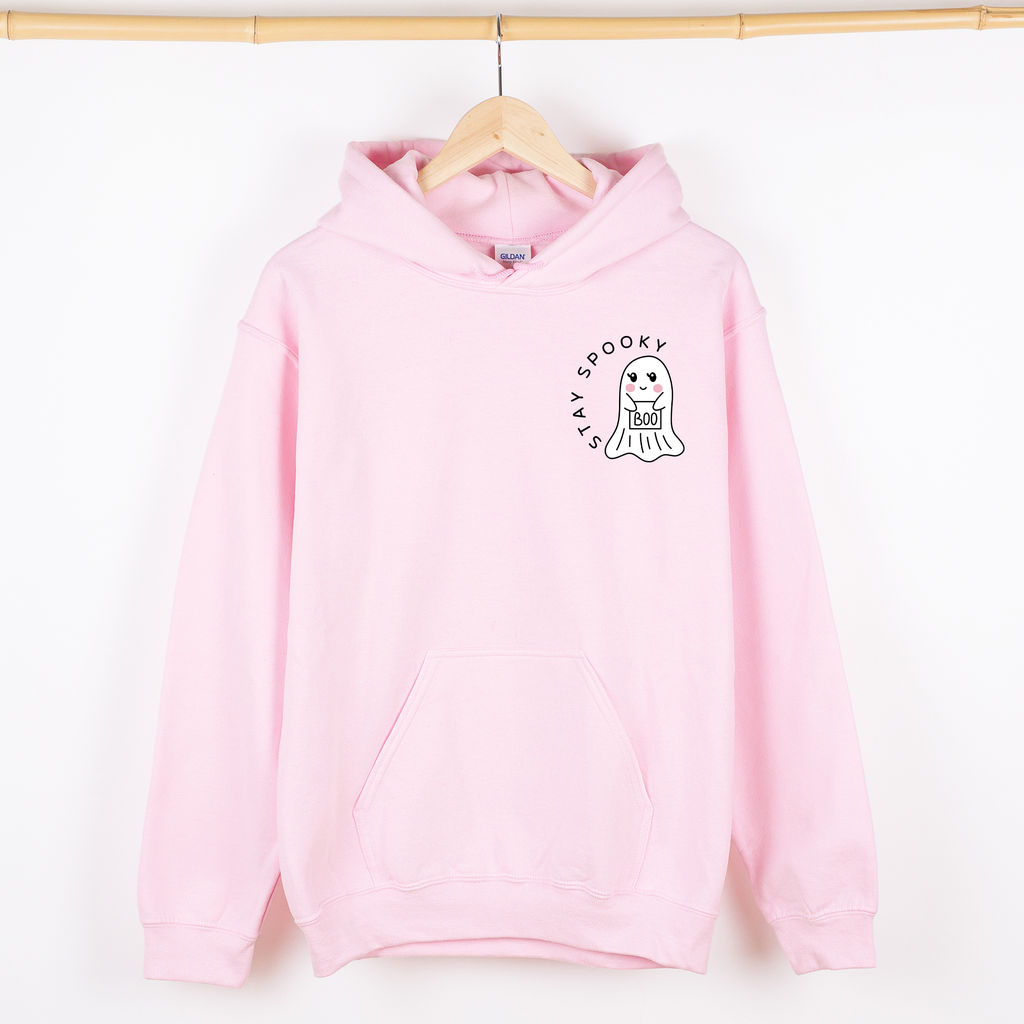 Stay Spooky Ghost Halloween Pocket Checkered Cozy Autumn Vibe Nightlife Graphic Hoodie