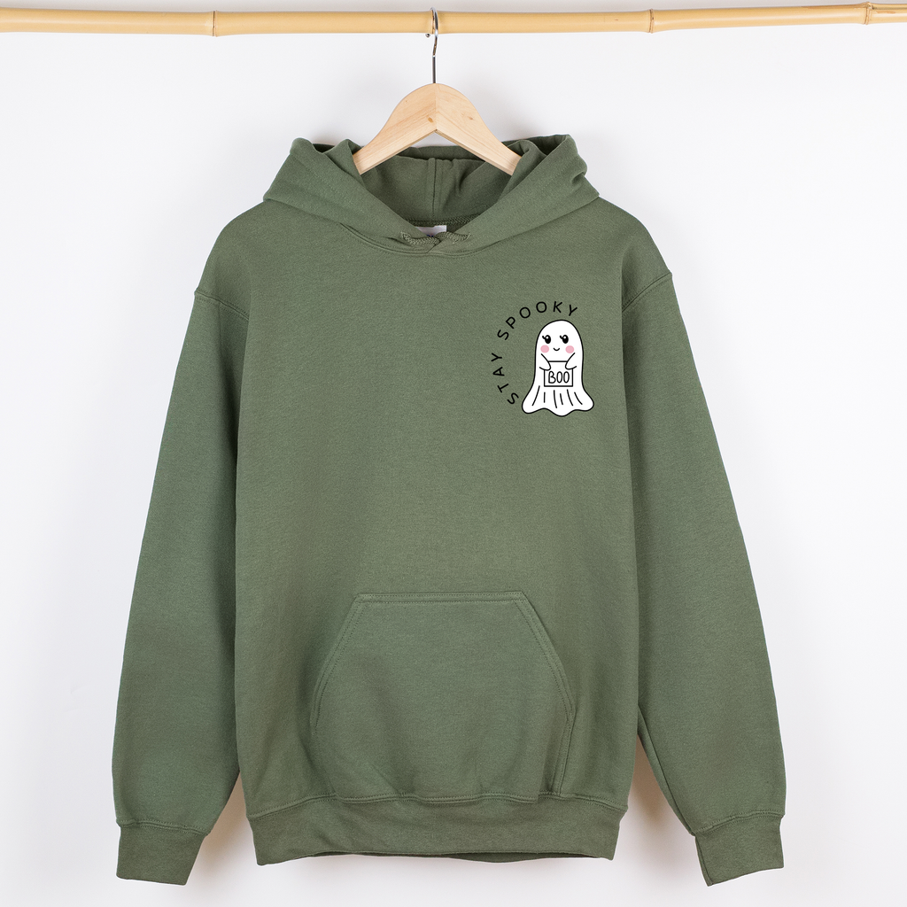 Stay Spooky Ghost Halloween Pocket Checkered Cozy Autumn Vibe Nightlife Graphic Hoodie