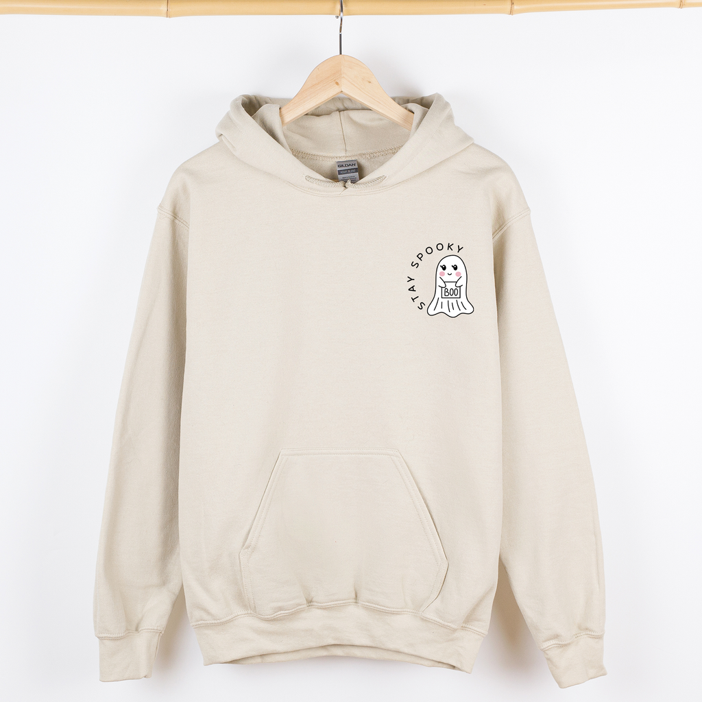 Stay Spooky Ghost Halloween Pocket Checkered Cozy Autumn Vibe Nightlife Graphic Hoodie