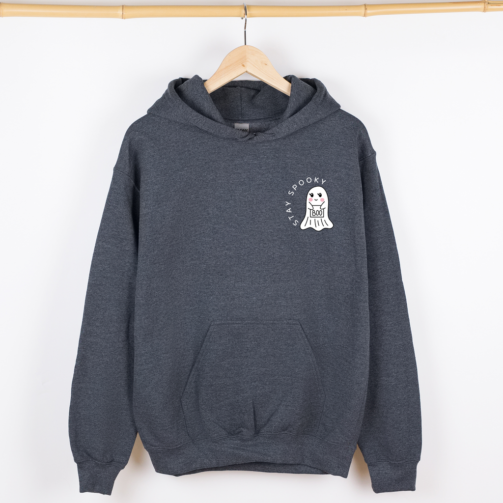Stay Spooky Ghost Halloween Pocket Checkered Cozy Autumn Vibe Nightlife Graphic Hoodie